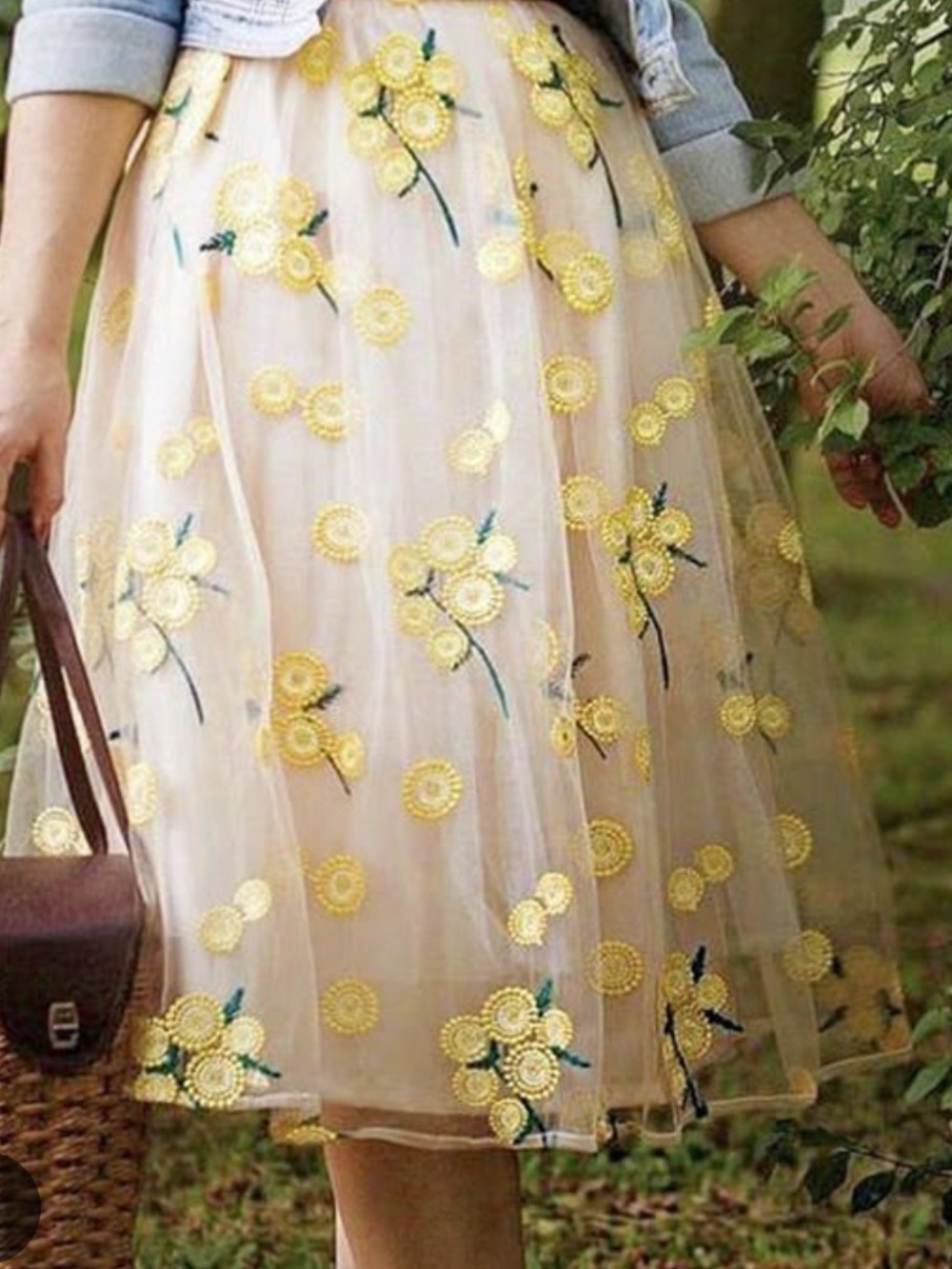 Embroidered Yellow Floral Midi Skirt SHEER with SHEER Underlayer